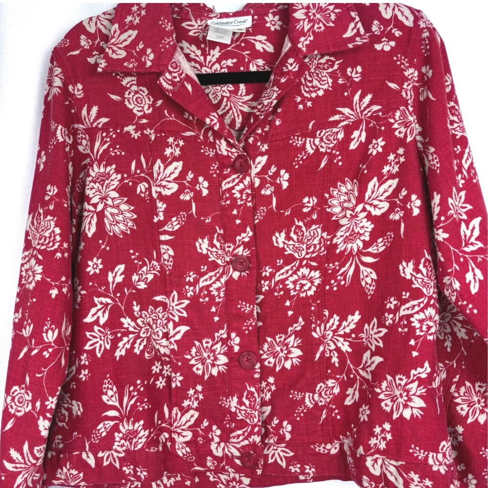 Coldwater Creek Linen Blend Red Cream Floral Pattern Sz M